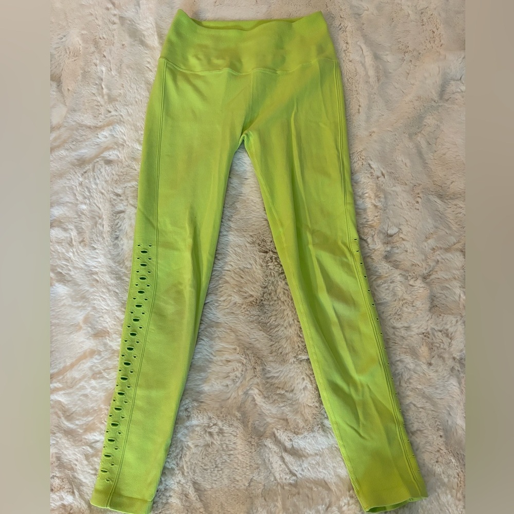 Spiritual Gangster Self Love Ribbed Laser Cut Leggings in Lime Green, XS/S